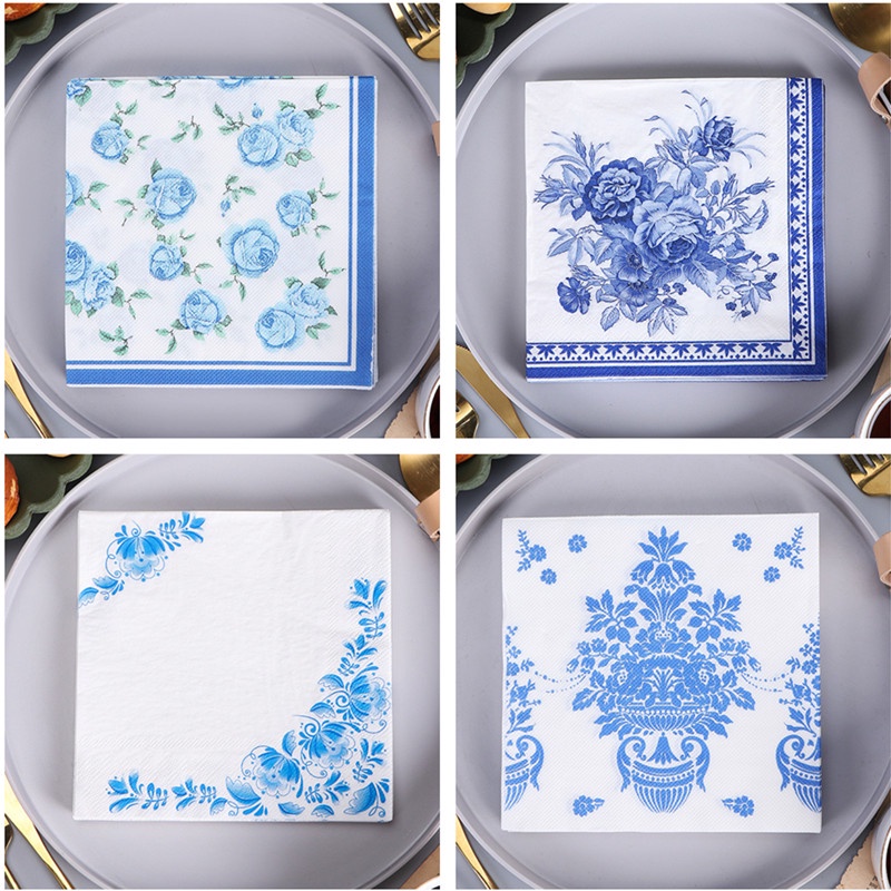 20 Unidades/Pacote Azul Rosa Flor Série Papel Cocktail Quadrado Jantar Guardanapos Para Casamento Aniversário Chá De Beb