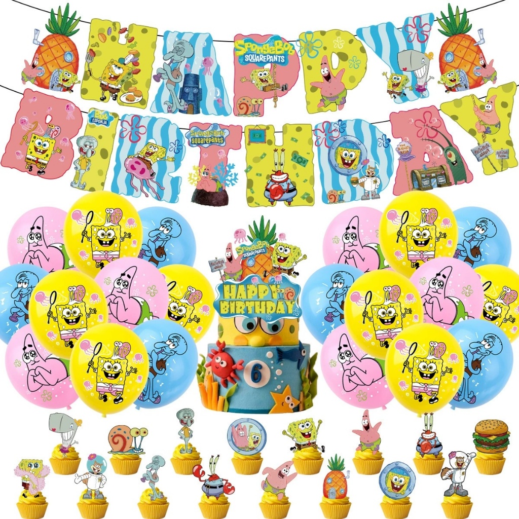 Bob Esponja Calça Quadrada Decoração De Festa De Aniversário Kit De Talheres Copo Prato Toalha De Mesa Balões Chá De Beb
