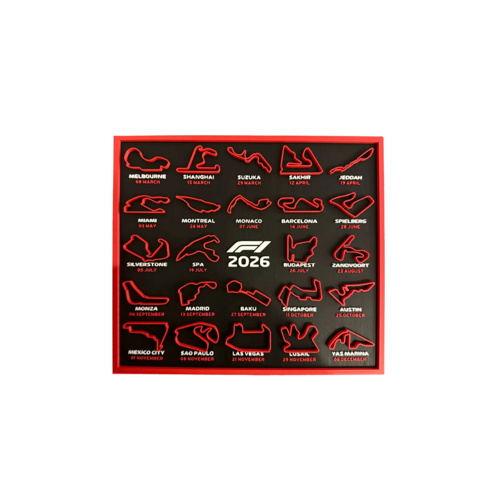 Quadro decorativo Calendário de Corridas 2026 peça presente homem fã de automobilismo mapa circuitos e cidades f1 racing