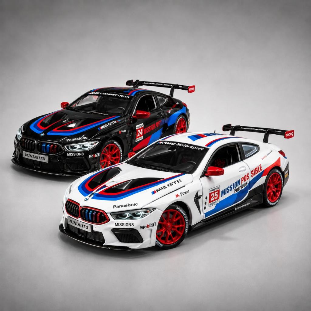 Miniatura BMW M8 GTE Racing 1/24 Metal com Luz e Som, Fricção, Abre Portas - Carro Esportivo Colecionável Presente