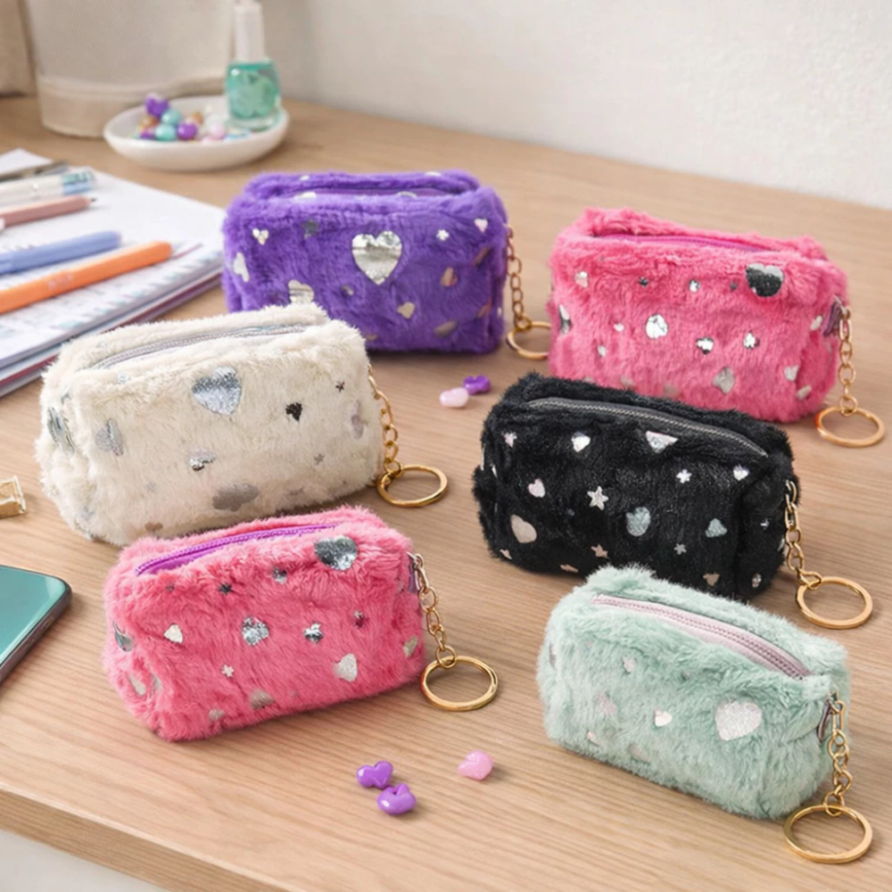 Mini Necessaire Pelúcia Fofa Porta Moedas com Chaveiro Bolsinha 14x7cm