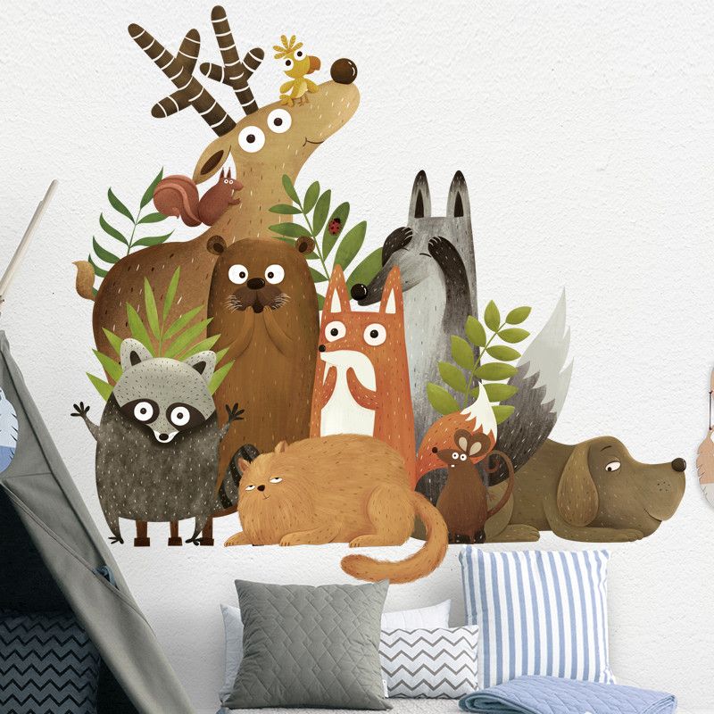 Adesivos de parede Big Forest Animal Cartoon Quarto infantil Jardim de infância Papel de parede autoadesivo à prova d'ág