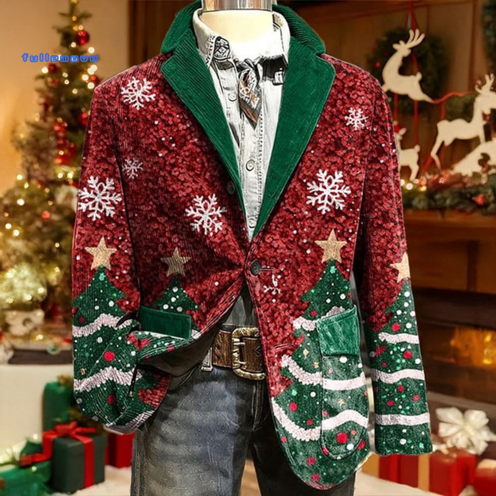 Men Corduroy Suit Coat Business Casual Men's Slim Fit Winter Single-breasted Lapel Jacket with 3d Christmas Print Long S