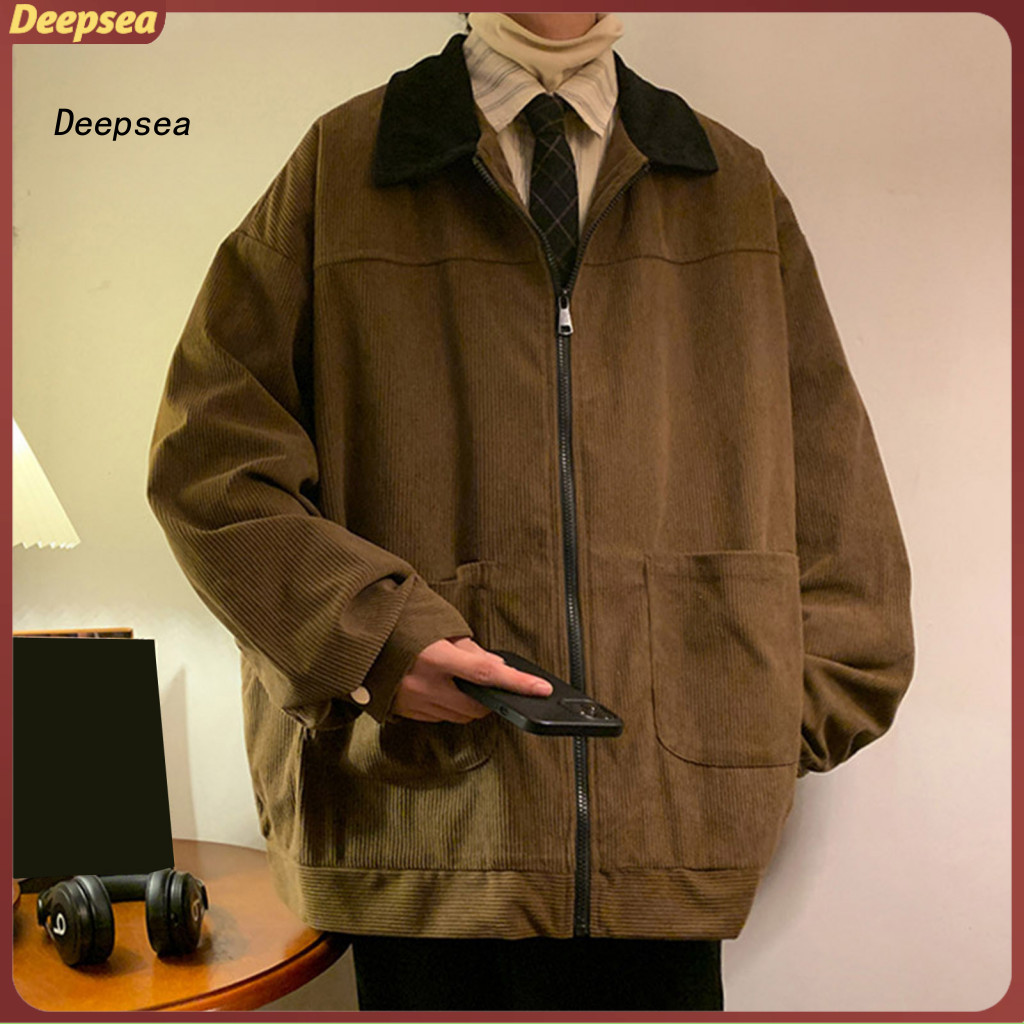 Men's Casual Corduroy Jacket Patchwork Color Loose Fit Full Zipper Lapel Collar Long Sleeve Outwear – Stylish Lightwei
