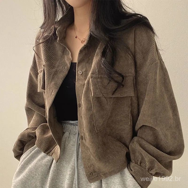Women's Retro Single Breasted Corduroy Jacket Korean Fashion Long Sleeve Lapel Jacket Shirt Daily Casual Tops