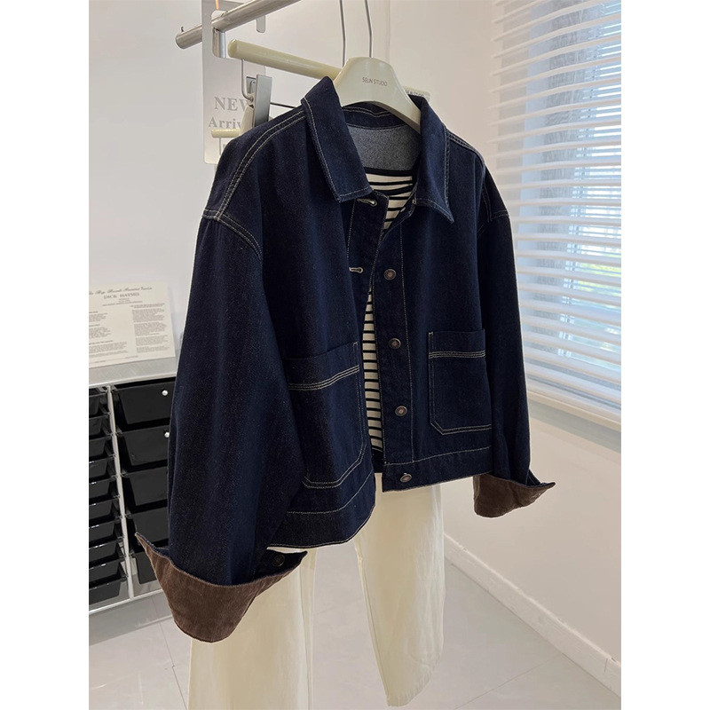Vintage Corduroy Color-Block Workwear Denim Jacket for Women, Spring and Autumn, Petite Casual Youthful Short Top