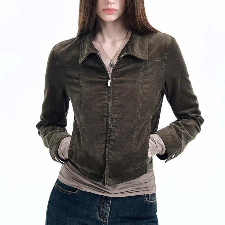 Fine Corduroy Jacket with Vintage Distressed Turn-down Collar, Autumn Casual Chic Waist-Cinching Short Coat for Women