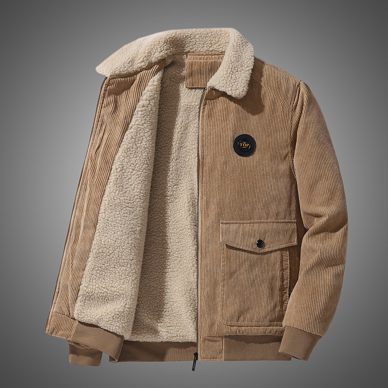 Jaqueta de Lã de Cordeiro em Corduroy para Homens, Ajuste Solto de Inverno, Forrada com Fleece, Espessa, Casaco Casual c
