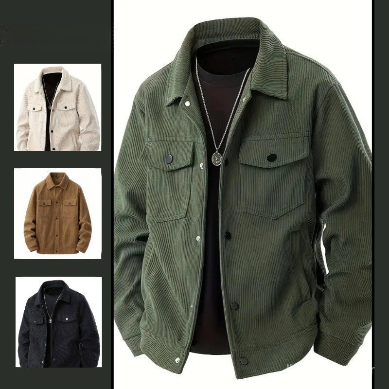 Jaqueta Casual Masculina de Corduroy com Botões Simples, Estilo Ocidental, Gola Reversível, Manga Longa XKIH