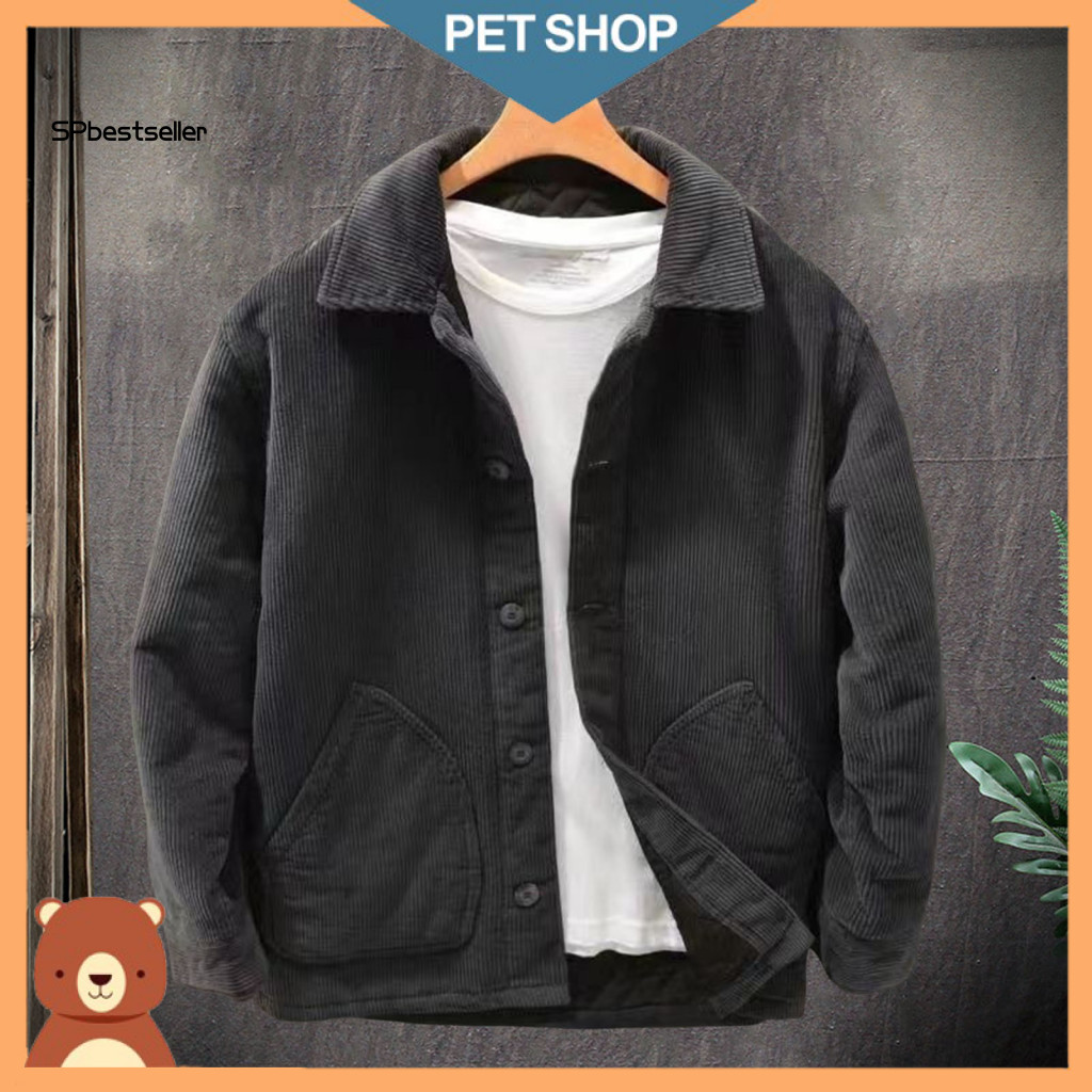 Solid Color Street Style Jacket Winter with Lapel Collar Men's Corduroy Thick Warm Coat Casual Trucker for Daily for Sou