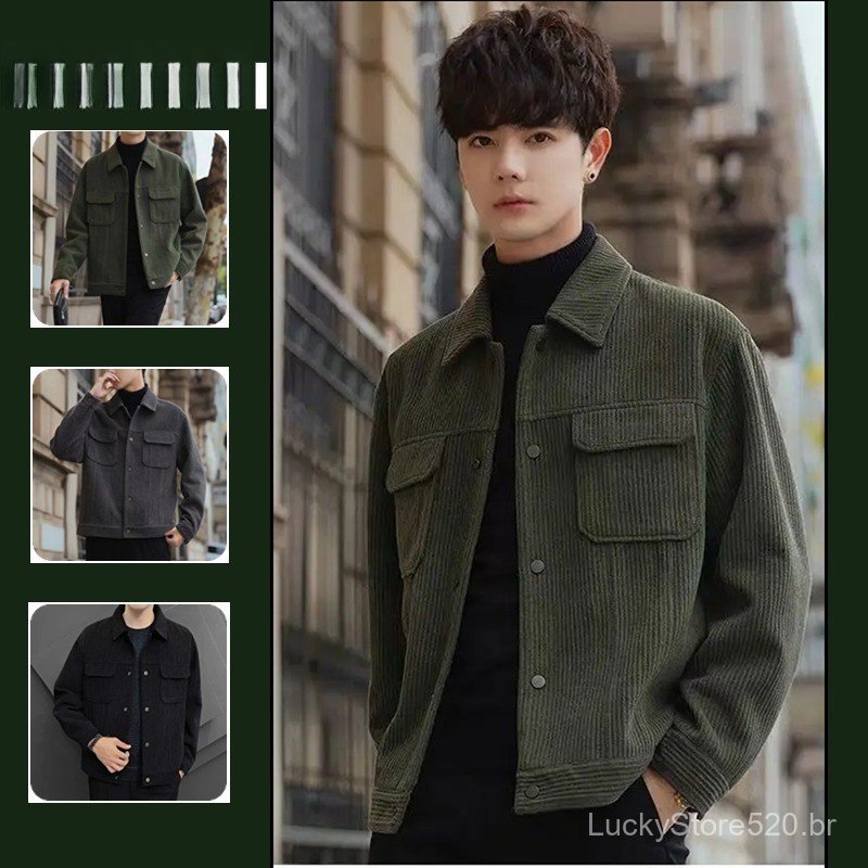 Jaqueta Polo Masculina de Corduroy em Cor Sólida para Primavera e Outono, Manga Longa, Casual, Solta, Estilo Vintage ZZR