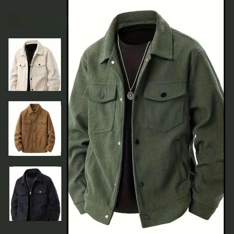 Jaqueta Casual Masculina de Corduroy com Botões Frontais, Estilo Ocidental Simples, Gola Reversível, Manga Longa MUMW