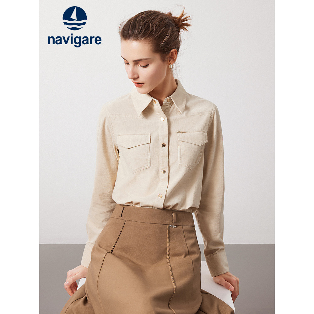 [Corduroy] Navigare Italiano Pequena Vela Outono Camisa de Manga Comprida Feminina Casual Workwear Camisa Jaqueta