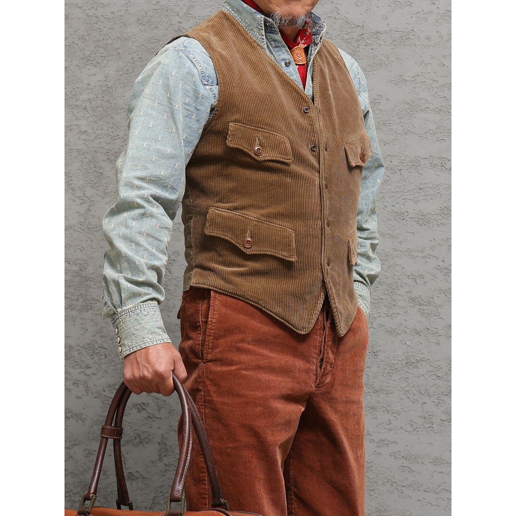 Silibu Dark Camel American Retro Corduroy Slim-fit Colete Masculino Ami Khaki Casual Listrado Colete de Veludo