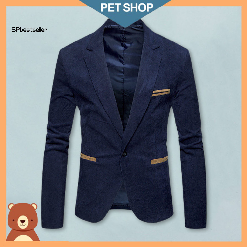 Men Casual Suit Jacket Business Outwear Men's Corduroy Blazer Patchwork Color Long Sleeve Coat with Pockets Single Butto