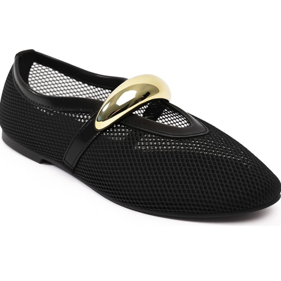 Sapatilha feminina de tela bico redondo boneca mesh com metal confortável moda tendência