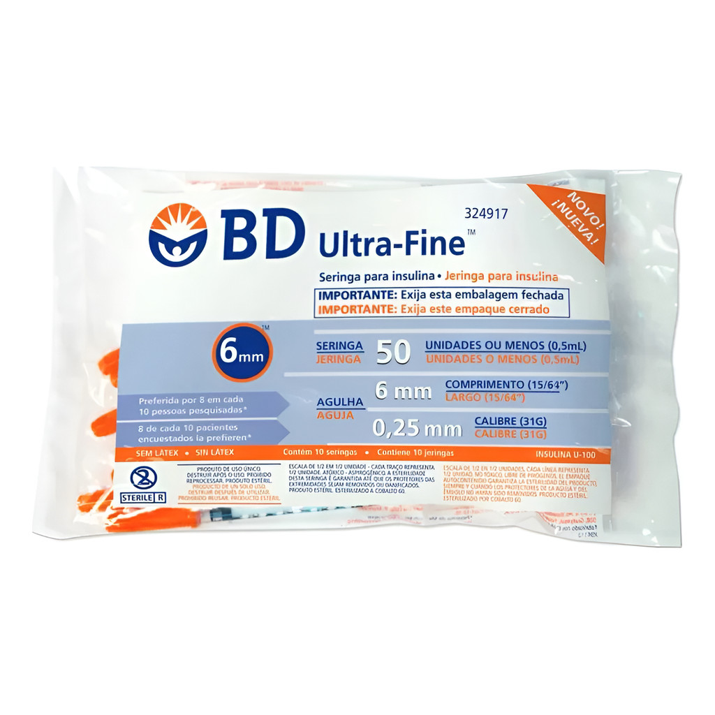Seringa 0,5mL BD 10 unidades Ultra Fine 30G Agulha Fixa 6mm x0,25mm Insulina botox  aplicação segura