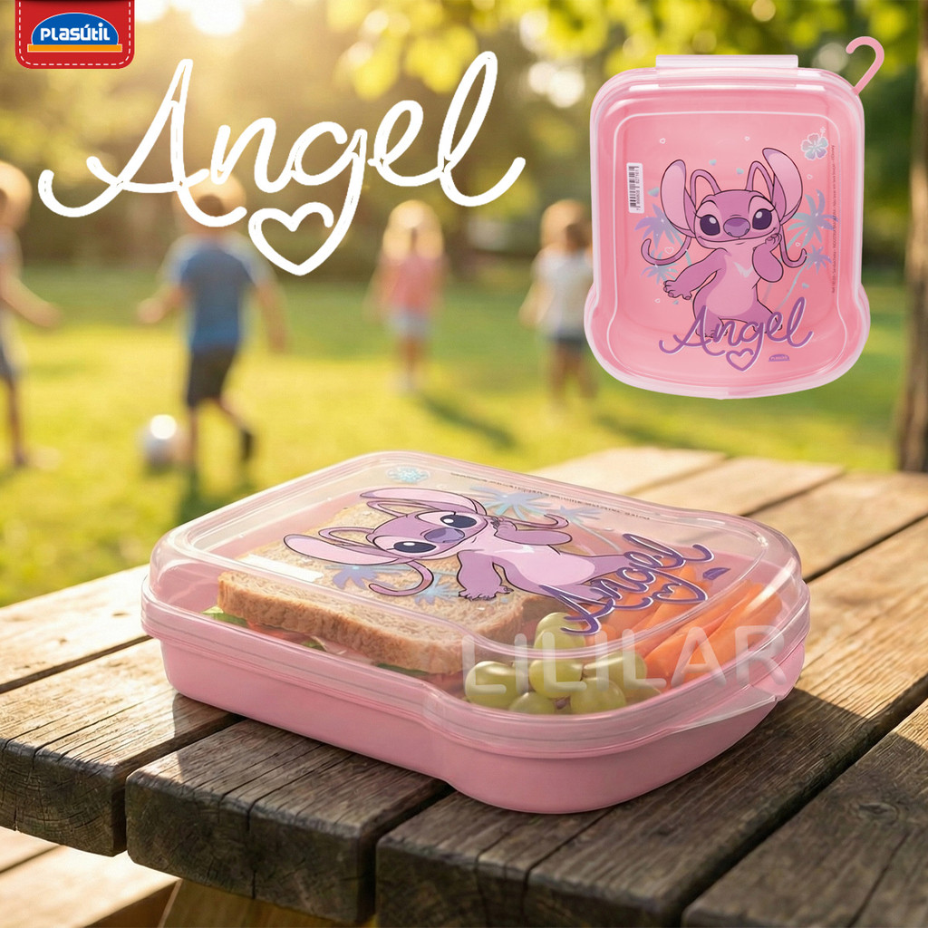 Sanduicheira Angel Infantil Pote Lanche Escolar Disney Rosa Compacta Segura Com Tampa Fixa BPA Free