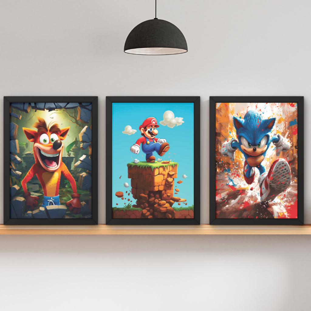 Kit 3 Quadros Gamer Varias Opções, Com Moldura, Sem Vidro, Decoração Setup, Presente Geek Nerd Otaku