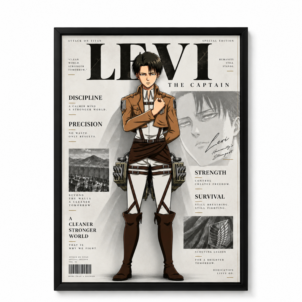 Quadro Levi Ackerman Attack on Titan AOT Anime Moldura Preta A4 21x30 Geek Otaku Quarto Gamer Decoração Presente