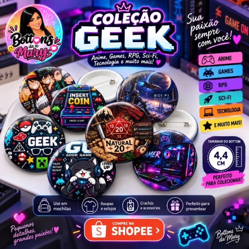 BOTTONS COLEÇÃO GEEK ANIME RPG SCI FI OTAKU GAMER TAMANHO 4,4 CM