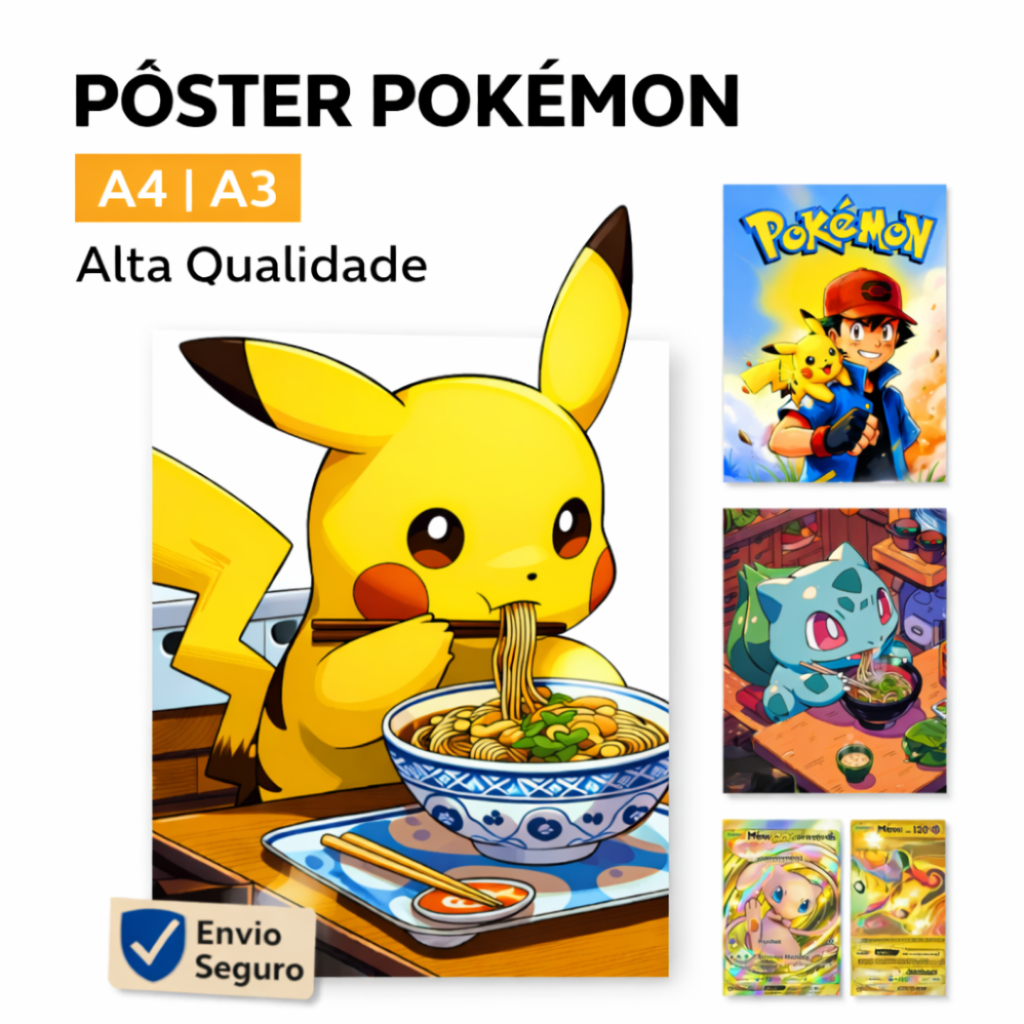 Pôster Pokémon A4 ou A3 – Anime Geek Decorativo HD | Quarto Gamer Otaku
