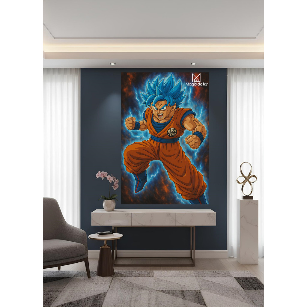 Quadro Decorativo Anime Guerreiro Energia Azul Poster Geek Otaku Arte Moderna Parede Sala Quarto Gamer Desenho Animado