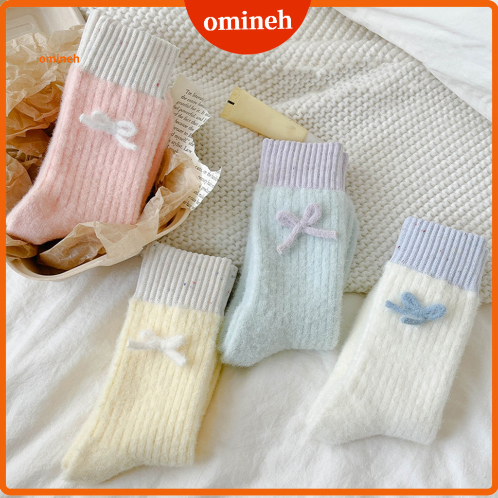 Winter Crew Socks Breathable Women’s Ribbed with Bow – Warm Thickened Stretchy for Home Sleep Wear Errands for Seaso