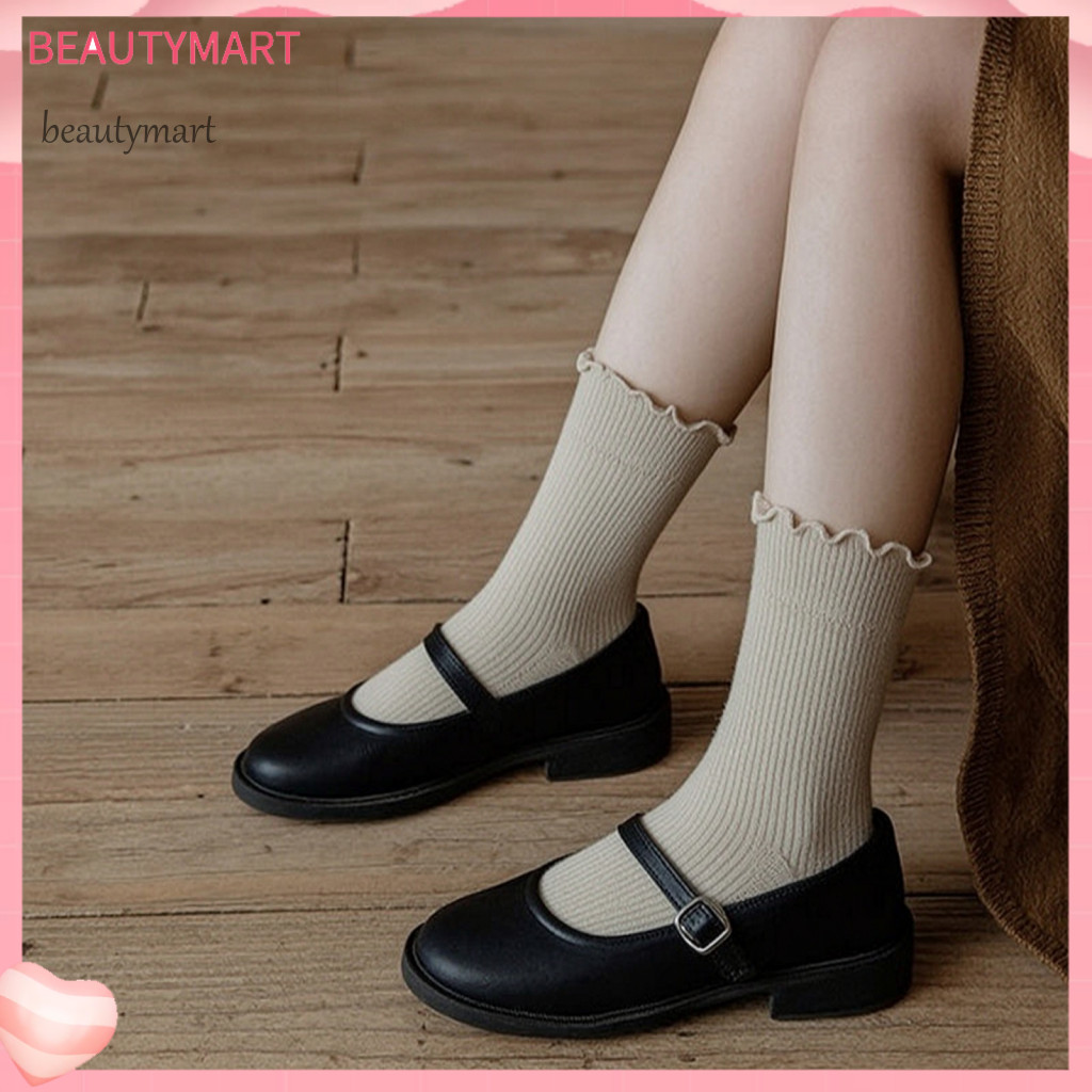 Vertical Stripe Socks Womens Cotton Crew Women’s Ruffle Ankle Breathable Combed with Lettuce Edge Soft Stretchy Style