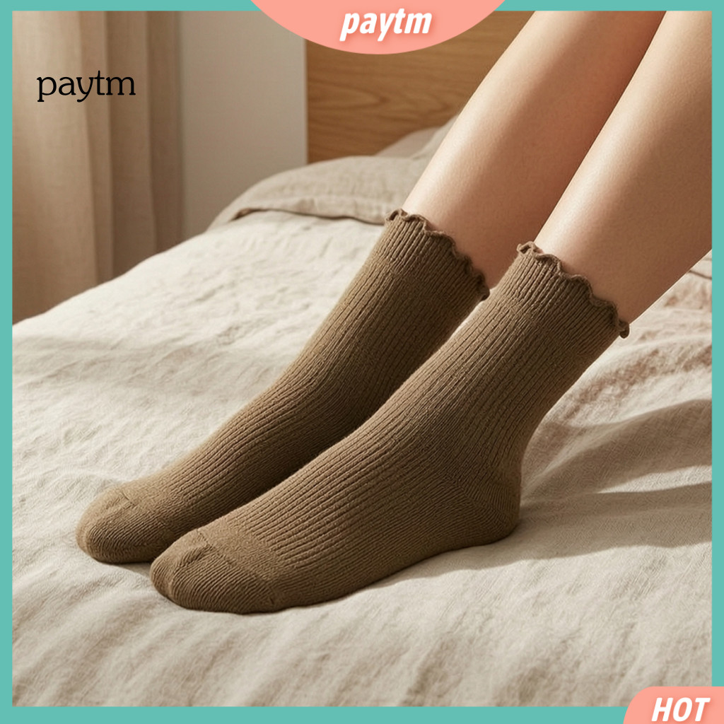 Ribbed Knit Socks for Girls Fashionable Commuter Women’s Ruffle Ankle Breathable Combed Cotton Crew with Lettuce Edge