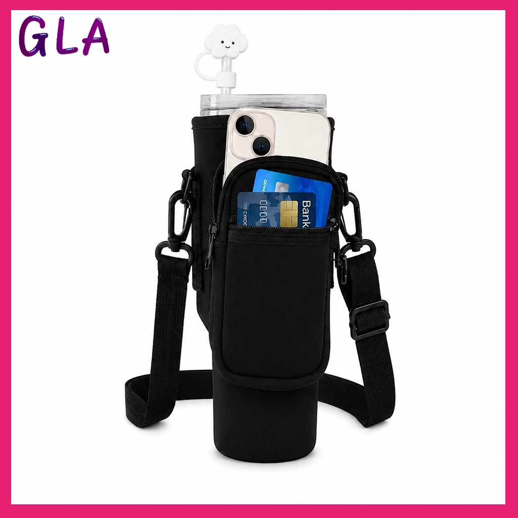 Crossbody water bottle bag, large capacity and convenient outdoor sports storage bag Free water bottle straw cap