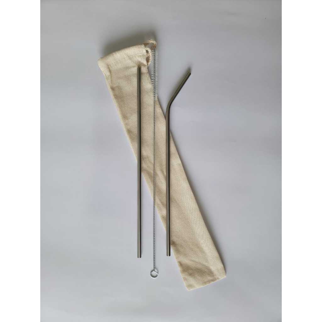 Kit 2 Canudos Aço Inox FINO LONGO 6,00x265mm + 1 escova de limpeza + 1 bag, Para garrafas e copos altura 25cm