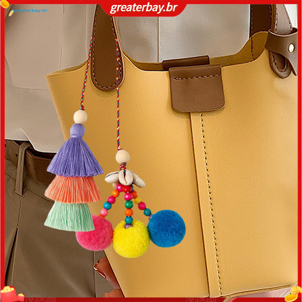 Retro Ethnic Tassel Pendant Keychain Colorful Fur Ball Handbag Charm for Straw Canvas Tote Bag – Stylish Accessory Per