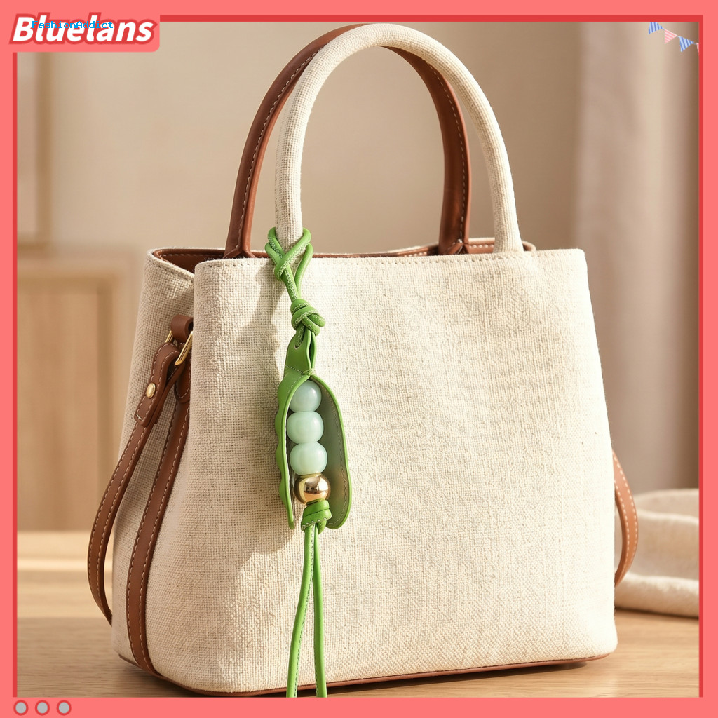 Braided Bag Pendant Travel Stylish Straw Canvas Keychain with Imitation Leather Lanyard – Cute Pea Car Hanger for Wome