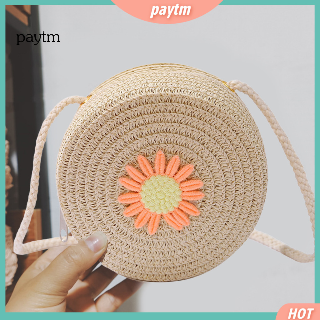 Adjustable Strap Crossbody Bag Round Shoulder Children's Straw Woven with Flower Decor – Sling Zipper Closure for Dail