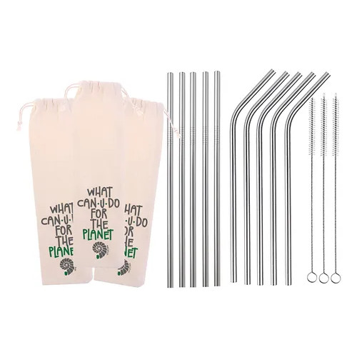 Kit 10 canudos de inox reto ou curvo + 3 escovas de limpeza + 3 ecobag