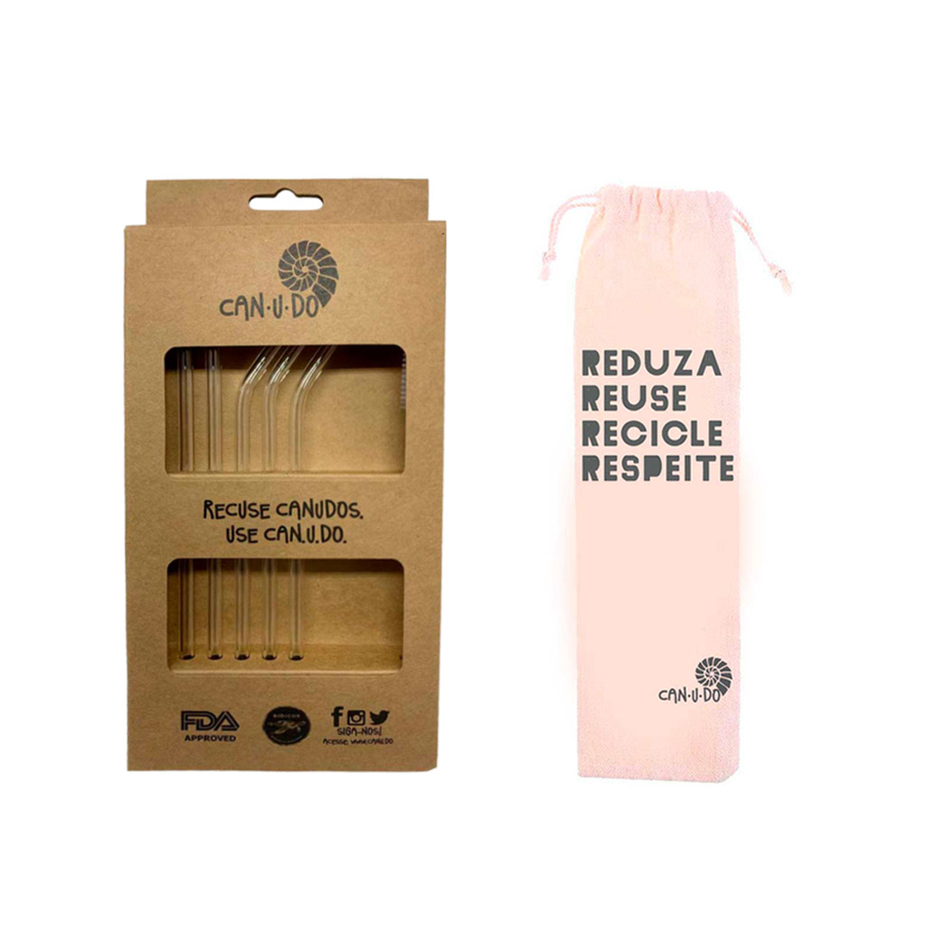 Kit Eco 6 canudos de vidro 6mm - 3 retos e 3 curvos + Ecobag 4R's - 21cm comprimento