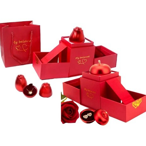 Caixa De Armazenamento Com Design De Rosa & Maçã Para Colar/Anéis/Bijuterias/Cosméticos Vermelha