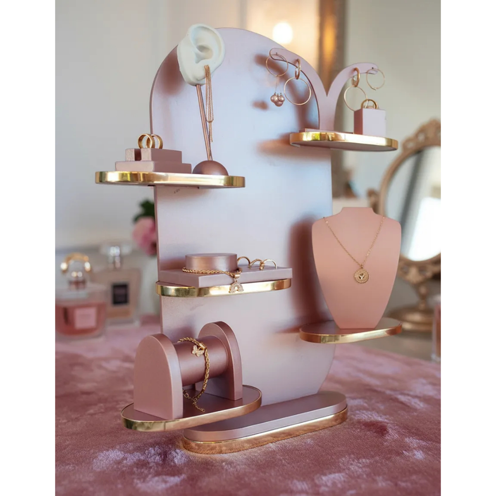 Estante Decoração Vitrine Loja Perfume Cosméticos Produtos Prateleira Joias BijuteriasRose Bordas Douradas