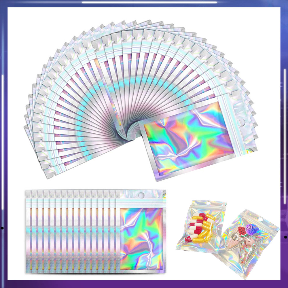 50 peças Saco holográfico 6x10cm com fecho – Pequenos Sacos para Suprimentos, Doces e Lembrancinhas de Festa