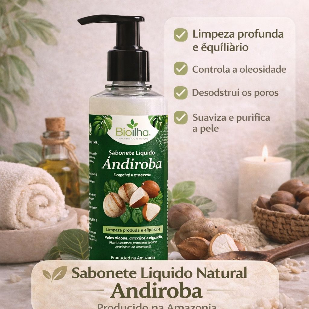 Sabonete líquido de andiroba - Sabonete natural para pele sensível e equilíbrio da oleosidade