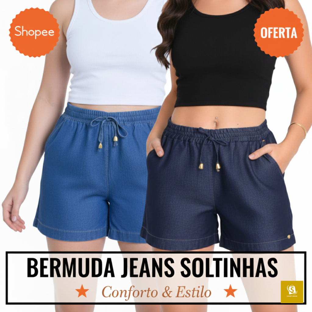 Bermudinha jeans casual, Short soltinho jeans dia a dia com elástico na cintura para o verão