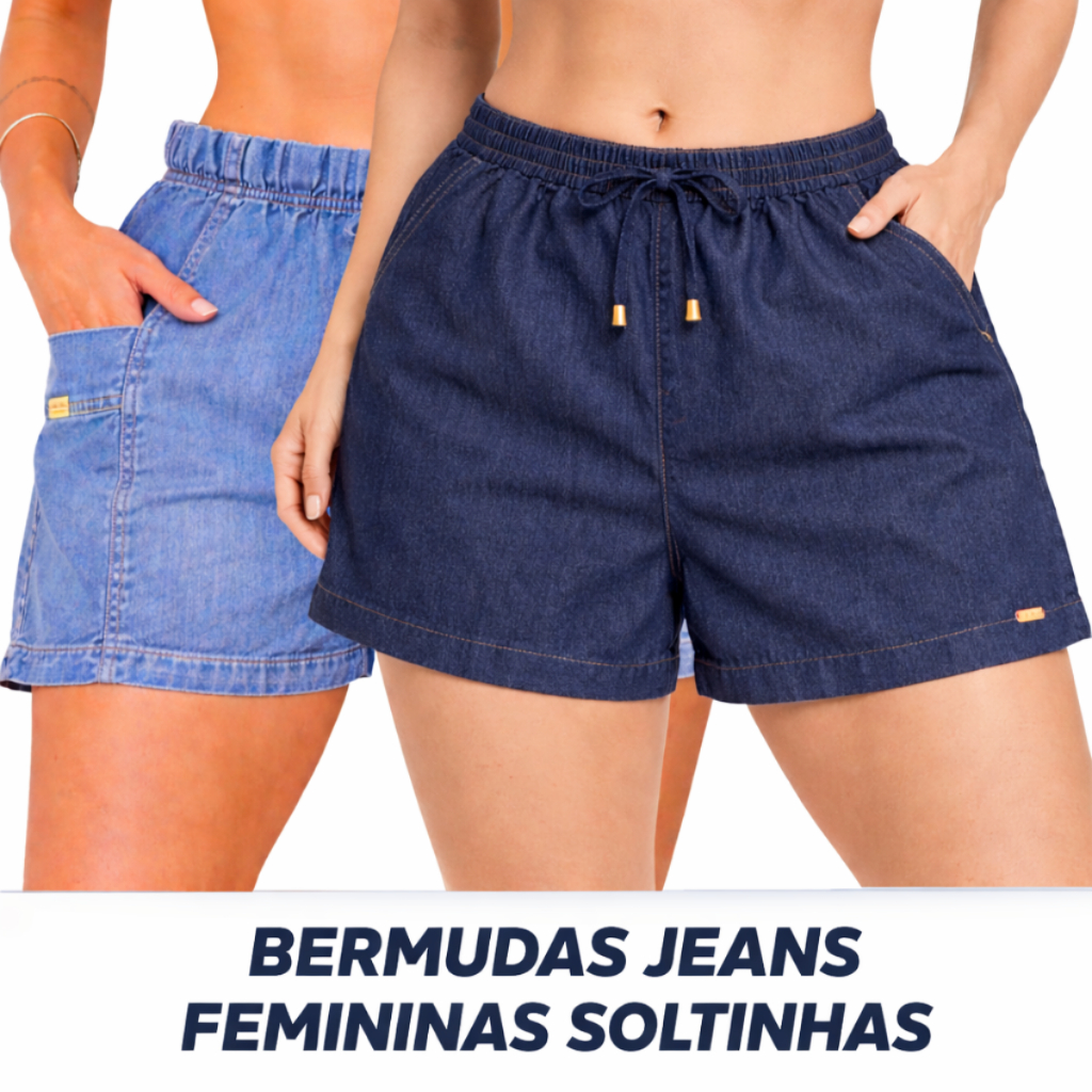 Short jeans no tecido leve, Bermuda soltinha feminina, básico, dia a dia praia para o verão linda.