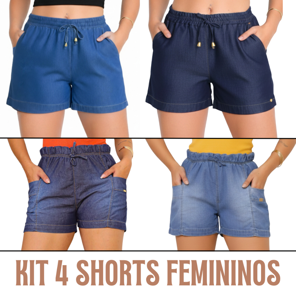 Bermuda jeans , Kit com 4 peças, short jeans soltinhos feminino, para o verão cintura de elástico