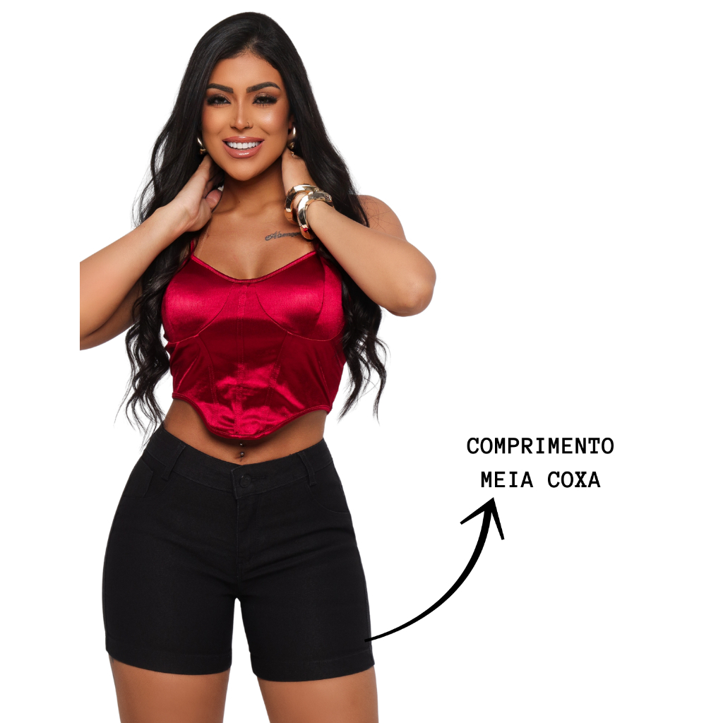Bermuda Jeans Feminina Preta Cintura Alta Com Lycra Elastano Empina Bumbum Premium