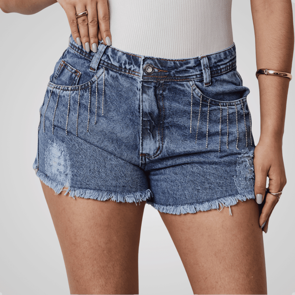 Short Jeans Brilho Strass Pendurado Barra Desfiada Bermuda Destroyed Moda Feminina Verão 36 ao 46