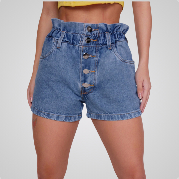Short Jeans Feminino Bermuda Elastico Cintura Botão Bolso Funcional Moda Feminina Verão 36 ao 46