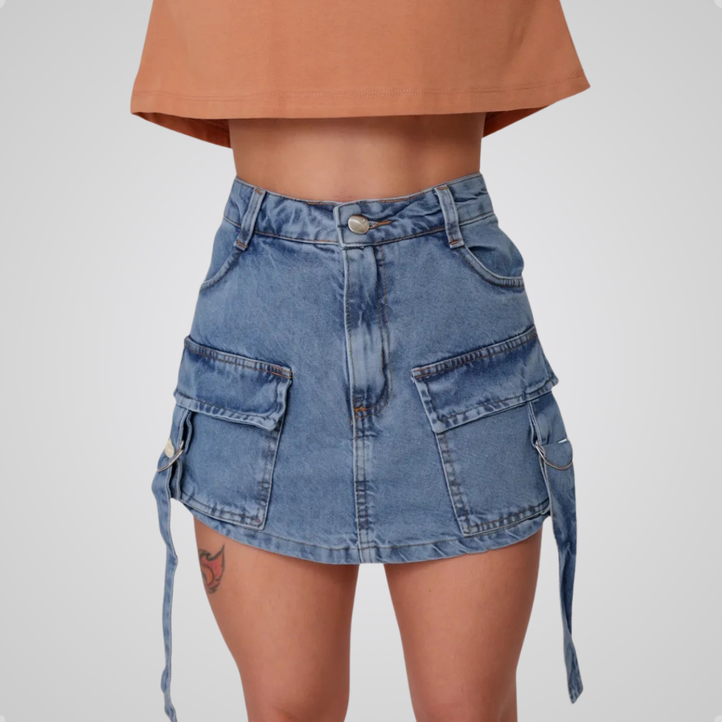 Short Saia Jeans Cargo Feminino Cintura Alta Bolso Funcional Premium Moda Verão Cores 34 ao 46