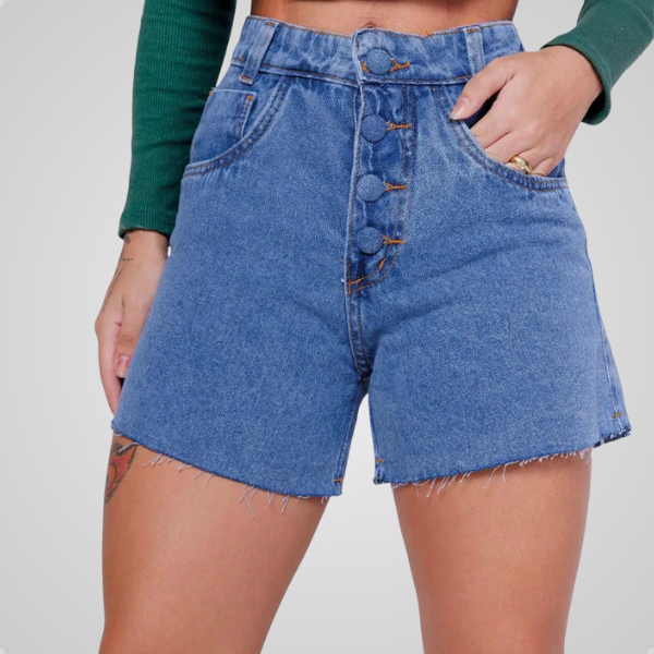 Short Jeans Feminino Botão Forrado Bermuda Bolso Funcional Leve Moda Verão P - GG