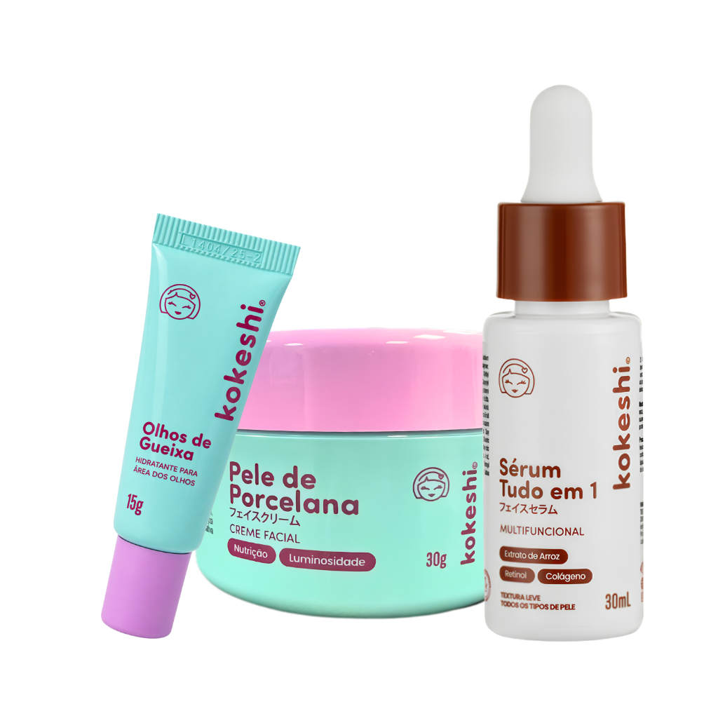 Kit Renovadores Kokeshi Creme Sérum Facial Pele de Porcelana Sérum Tudo em 1 Olhos de Gueixa